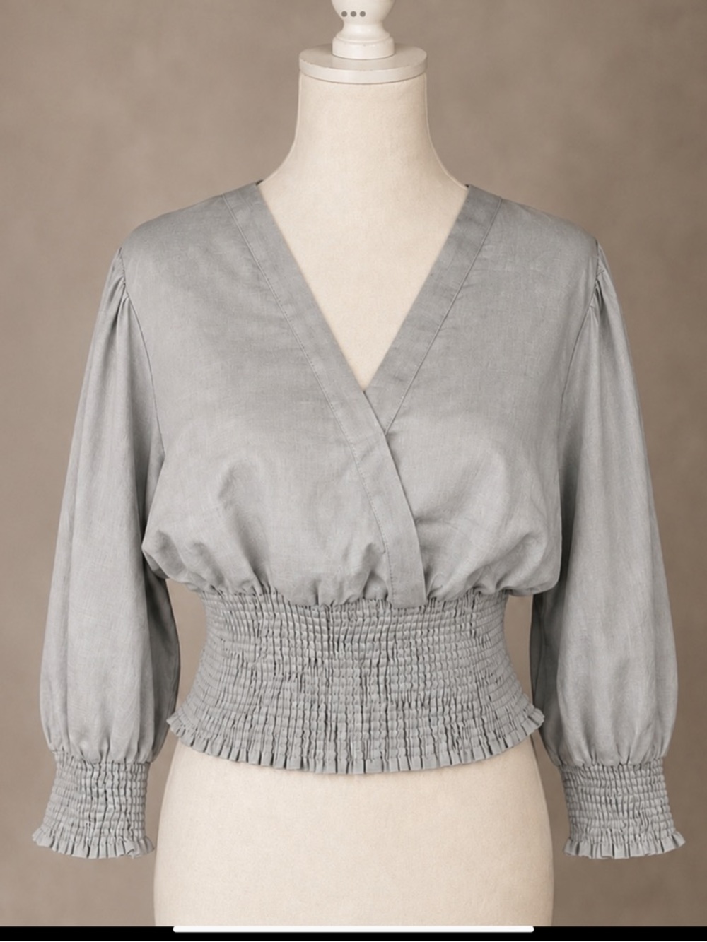 SAYA Gray Linen Blend Wrap Blouse Smocked Waist Puff Sleeve Top S